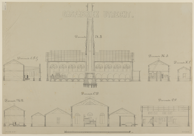 217533 Doorsneden van de Gasfabriek aan de Wittevrouwensingel te Utrecht.